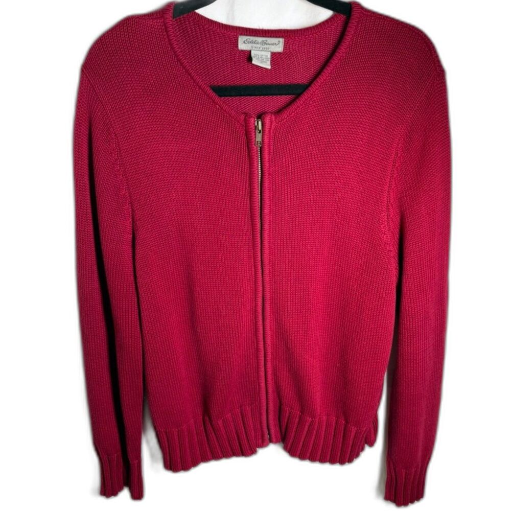 Eddie Bauer Women’s Medium Red 100% Cotton Full Zip Cardigan Sweater